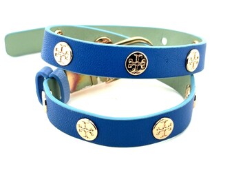 Tory Burch Blue Leather Double Wrap Bracelet Gold Logo Studs Adjustable