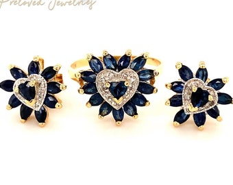 14k Diamond & Blue Sapphires Heart Shaped Ring and Earrings Set