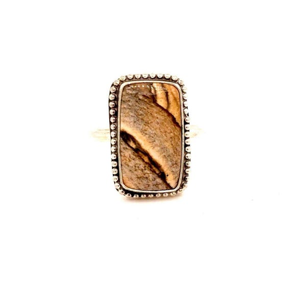 Silver Rectangular Wooden Color Stone Ring - image 1