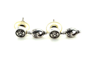Brighton Silver Tone Heart Cutout Bell Drop Earrings Post Back Scroll Detail