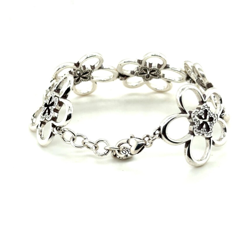 Brighton Silver Tone Crystal Daisy Flower Link Bracelet Heart Charm Clasp image 3