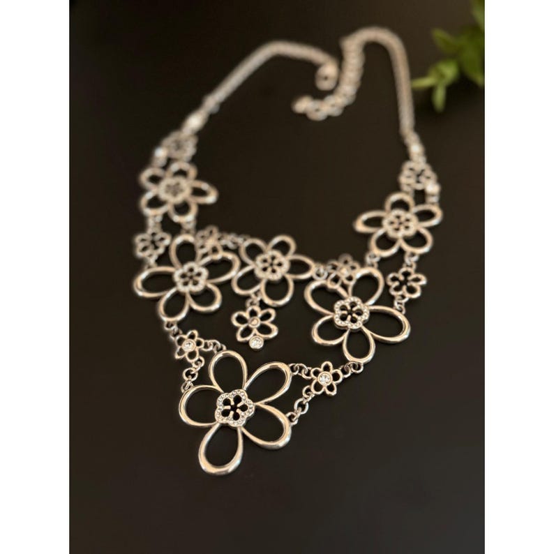 Brighton Silver Tone Crystal Floral Bib Statement Necklace image 6