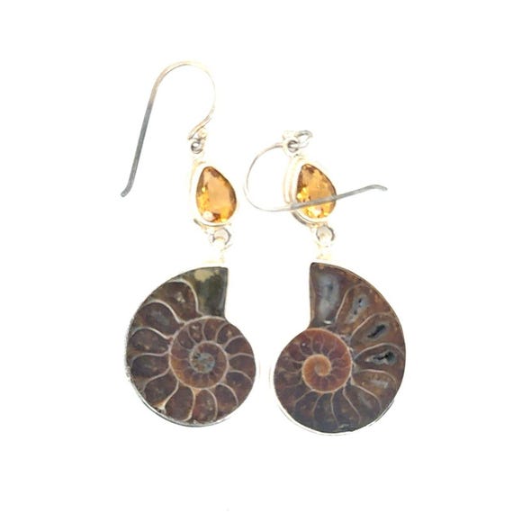 925 Silver Coiled Shell Citrine Dangle Earrings - image 1