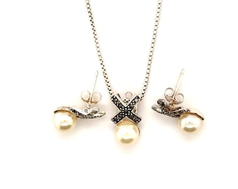 Sterling Silver Marcasite X Pearl Necklace and Earring Set 16 Inch Box Chain