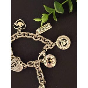 May include: Silver charm bracelet with multiple charms. Charms include a heart with a peace symbol, a charm with the word "peace", and a charm that says "Be the change you wish to see in the world." The bracelet is on a black surface.