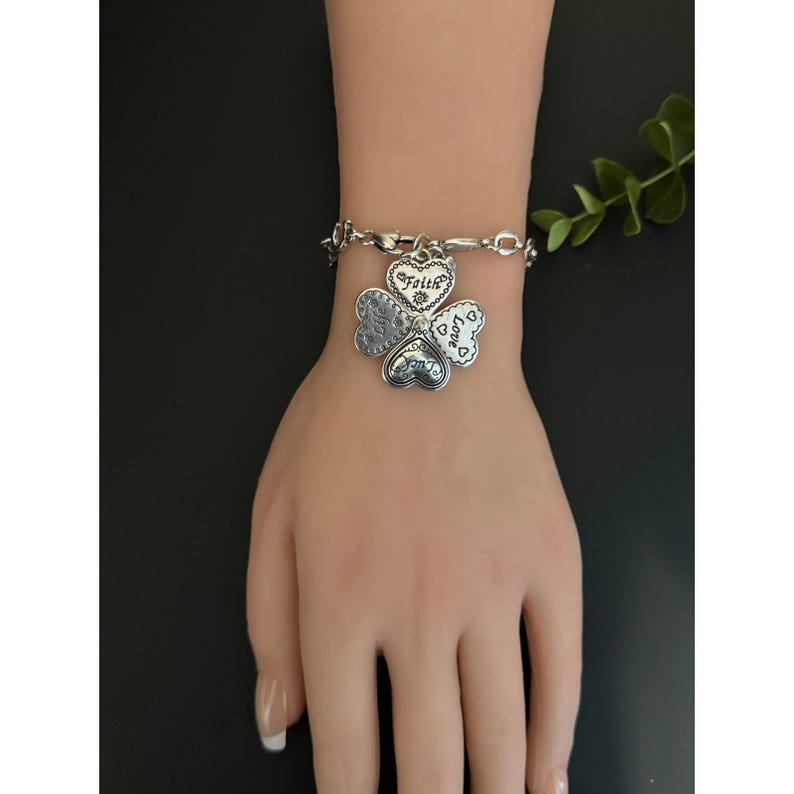 Brighton Silver Tone Faith Love Life Luck Folding Clover Heart Charm Bracelet image 8