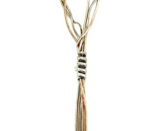925 Sterling Silver Tri-Tone Multi Strand Snake Chain Tassel Necklace 17in 11g