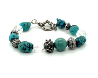 Artisan Turquoise and Clear Quartz Beaded Toggle Bracelet Southwestern Silver