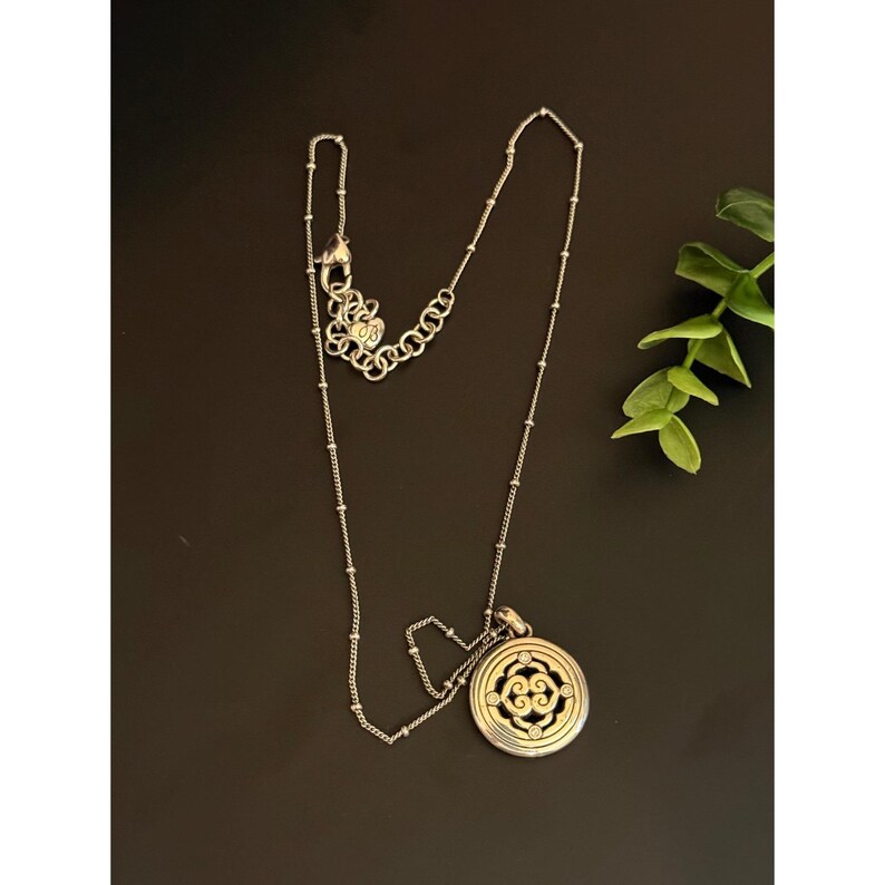 Brighton Mixed Metal Reversible Scroll Pendant Necklace Silver Gold Tone Crystal image 4