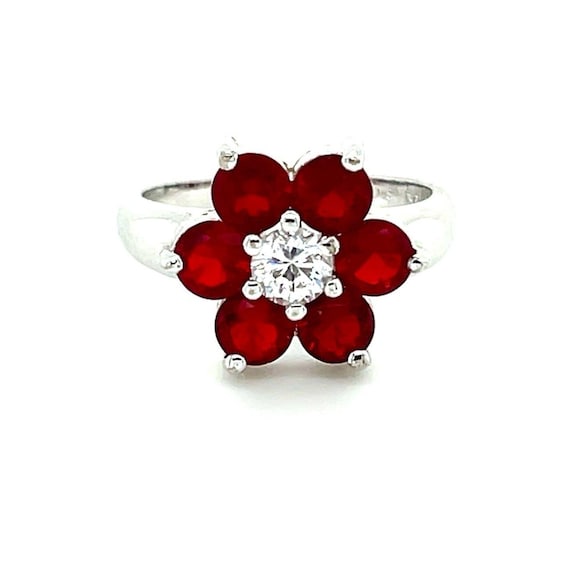 925 Silver Red/White Flower Ring - image 1