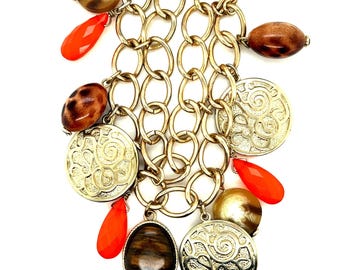 Gold Tone Multi Charm Bib Necklace Orange Tiger Eye Medallion Boho