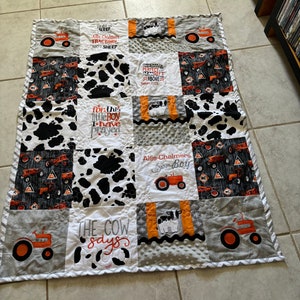 Allis chalmers ,orange tractor, cow , cowprint fabric, boy baby blanket, embroidered and quilted blanket