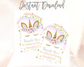 Unicorn Thank You Tags, Floral Unicorn Thank You Favor Tags, Magical Unicorn, Unicorn Favor Tags, Unicorn Birthday Party, Instant Download