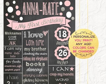 Pink and Silver Chalkboard, Girl's First Birthday Chalkboard, First Birthday Poster, 1st Birthday Board, Milestones Board, Digital File