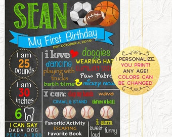 Sports Birthday Chalkboard, Boy Birthday Chalkboard, 1st Birthday Poster, Sports Birthday Party, Sports Balls, Milestones Poster, Digital