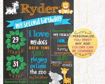 May include: A chalkboard style birthday sign with a jungle theme. The sign says "Ryder my second birthday" and includes details like weight, height, favorite things, and a personalized message. The sign features a zebra, lion, giraffe, and elephant.