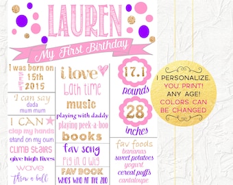 Girl First Birthday Sign, Pink and Gold Birthday Board, 1st Birthday Poster, First Birthday Sign, Birthday Chalkboard, Milestones Board
