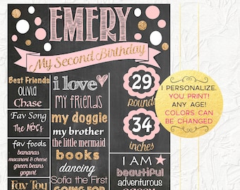Pink and Gold Chalkboard, Girl Birthday Chalkboard, Second Birthday Poster, Girl's 2nd Birthday, Milestones Poster, Digital File