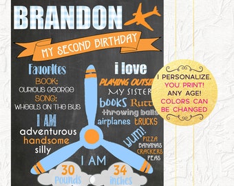 Airplane Birthday Chalkboard, Boy Birthday Chalkboard, Airplane Birthday Party, 2nd Birthday Poster, Photo Prop, Milestones Board, Digital