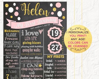 Pink and Gold Birthday Chalkboard, Girl First Birthday Chalkboard, First Birthday Poster, 1st Birthday Sign, Milestones Poster, Digital File