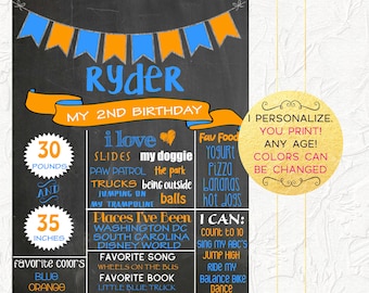 Boy Birthday Chalkboard, Second Birthday Chalkboard, Chalkboard Sign, Blue and Orange Chalkboard, 2nd Birthday, Milestones Poster, Digital