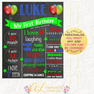 First Birthday Chalkboard, Boy Birthday Chalkboard, Balloon Birthday Poster, 1st Birthday Poster, Milestones Board, Photo Prop, Digital File