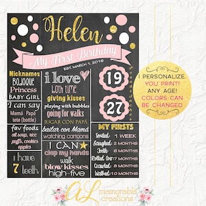 Pink and Gold Birthday Chalkboard, Girl First Birthday Chalkboard, First Birthday Poster, 1st Birthday Sign, Milestones Poster, Digital File