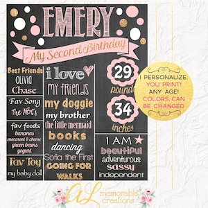 Pink and Gold Chalkboard, Girl Birthday Chalkboard, Second Birthday Poster, Girl&#39;s 2nd Birthday, Milestones Poster, Digital File