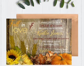 Fall Bridal Shower Invitation, Rustic Bridal Shower Invitation, Fall in Love Invitation, Rustic Invite, Sunflower Pumpkin Invitation