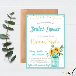 Sunflower Mason Jar Bridal Shower Invitation, Bridal Shower Invitation, Sunflower Mason Jar Invitation, Sunflowers, Mason Jar, Rustic