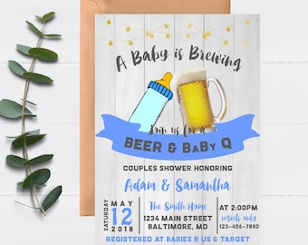 A Baby Is Brewing Shower Invitation, Boy Baby Shower Invitation, Beer and Baby Q Invitation, CoEd Baby Shower, Bottle and Beer, BabyQ Invite