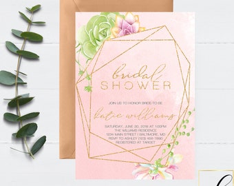 Succulent Bridal Shower Invitation, Gold Geometric Invitation, Succulent Geometric Bridal Shower Invite, Succulent Invite, Blush Watercolor