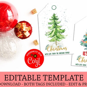 Christmas Tree Printable Tags, Edit Yourself Christmas Tree Tags, Instant Download Christmas Present Tag, Snow Pine Tree, Holiday Gift Tag