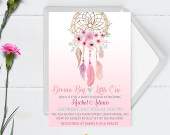 Pink Dreamcatcher Baby Shower Invitation, Girl Baby Shower Invitation, Boho Baby Shower, Boho Invitation, Dream Big Little One, Printable