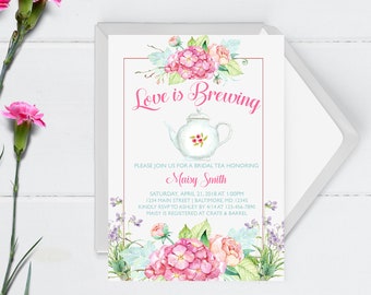 May include: A bridal shower invitation with a watercolor illustration of a teapot and flowers. The text reads "Love is Brewing" and includes the bride's name, date, time, and location.