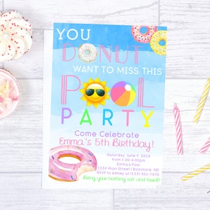 Donut Pool Party Invitation, Pool Party Invitation, Girl Birthday Invitation, Summer Birthday Invitation, Pool Float Invitation, Donut Party