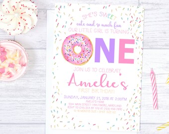 Girl Donut Birthday Invitation, Donut Birthday Invitation, Donut Birthday, First Birthday Invitation, Girl Birthday Invitation, Donut Party