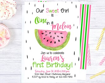 One in a Melon Birthday Invitation, Watermelon 1st Birthday Invitation, Watermelon Birthday Party, Girl First Birthday, Watermelon Party