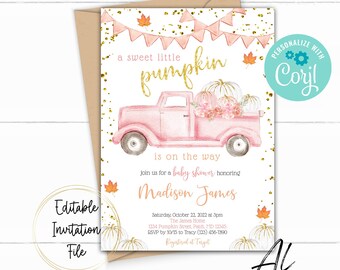 Pink Pumpkin Truck Baby Shower Printable Invitation, Editable Fall Baby Shower Invite, Little Pumpkin is on the Way, Instant Download