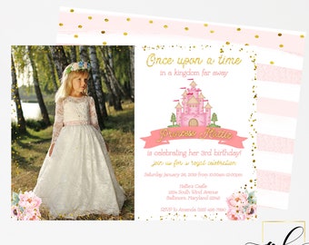 Princess Birthday Invitation, Princess Photo Invitation, Princess Party, Floral Princess Invite, Royal Celebration, Princess Birthday Party