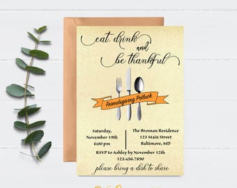 Friendsgiving Invitation, Friendsgiving Potluck, Eat Drink and Be Thankful, Thanksgiving Invitation, Friendsgiving, Vintage Friendsgiving