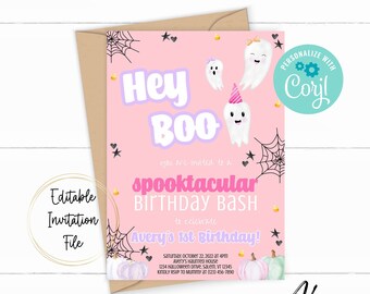 May include: Pink and purple Halloween birthday invitation with a ghost and pumpkin design. The text reads "Hey Boo! You are invited to a Spooktacular Birthday Bash to celebrate Avery's 1st Birthday!"