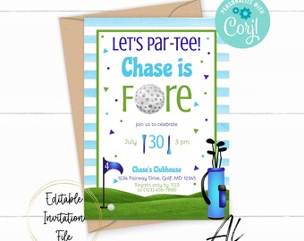 May include: Editable golf-themed birthday party invitation with blue and green stripes, a golf ball, and a golf bag with clubs. The text reads "Let's Par-Tee! Chase is Fore." and includes the date, time, and location of the party.