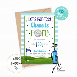 Editable Blue Golf Birthday Invitation, Printable Boy Golf Birthday Invitation, Let&#39;s Par-tee Invite, Fore Golf Invitation, Instant Download