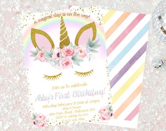 Unicorn Birthday Invitation, Floral Unicorn Invitation, Glitter Unicorn Magical, Unicorn Birthday Party, Girl Birthday, Magical Unicorn