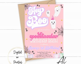 Ghost Birthday Invitation, Pink Ghost Birthday Invite, Halloween Birthday Invite, Hey Boo Ghost Invitation, Girl Ghost, Costume Party, Retro