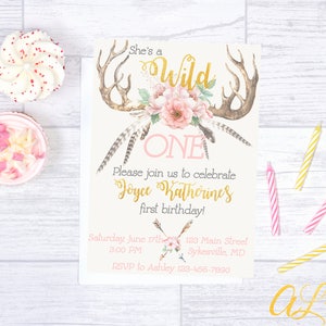 Boho Girl First Birthday Invitation, Wild One Invitation, Boho Floral Invitation, Wild One Party, Tribal Invite, Pink Gold Wild One Invite