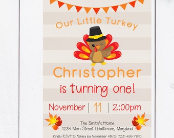 Boy Little Turkey Birthday Invitation, Turkey Birthday Invitation, Fall Birthday Invitation, Little Turkey Turning One, Boy 1st Birthday