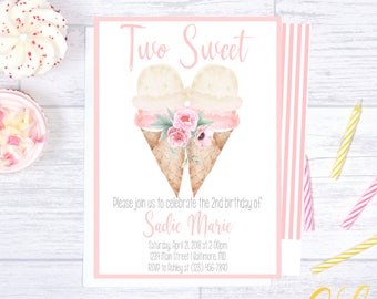 Two Sweet Invitation, Ice Cream Birthday Invitation, Floral Ice Cream Invitation, Ice Cream Invitation, Two Sweet Party, Girl 2nd Birthday