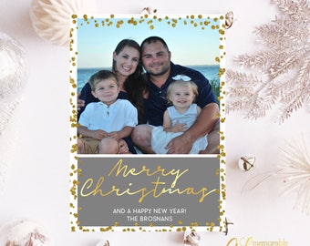 Merry Christmas Photo Card, Photo Christmas Card, Photo Holiday Card, Printable Christmas Card, Gold Christmas Card, Gold Holiday Card